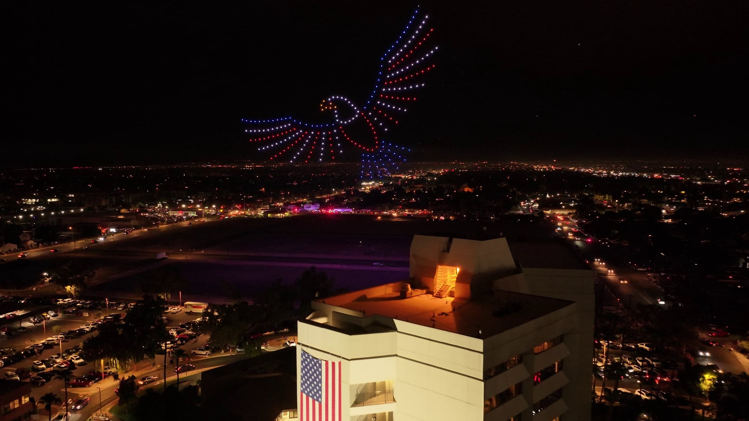 A red, white, and blue eagle formation from the City of Mesa’s July 4th 2026 drone light show, 300 drones
