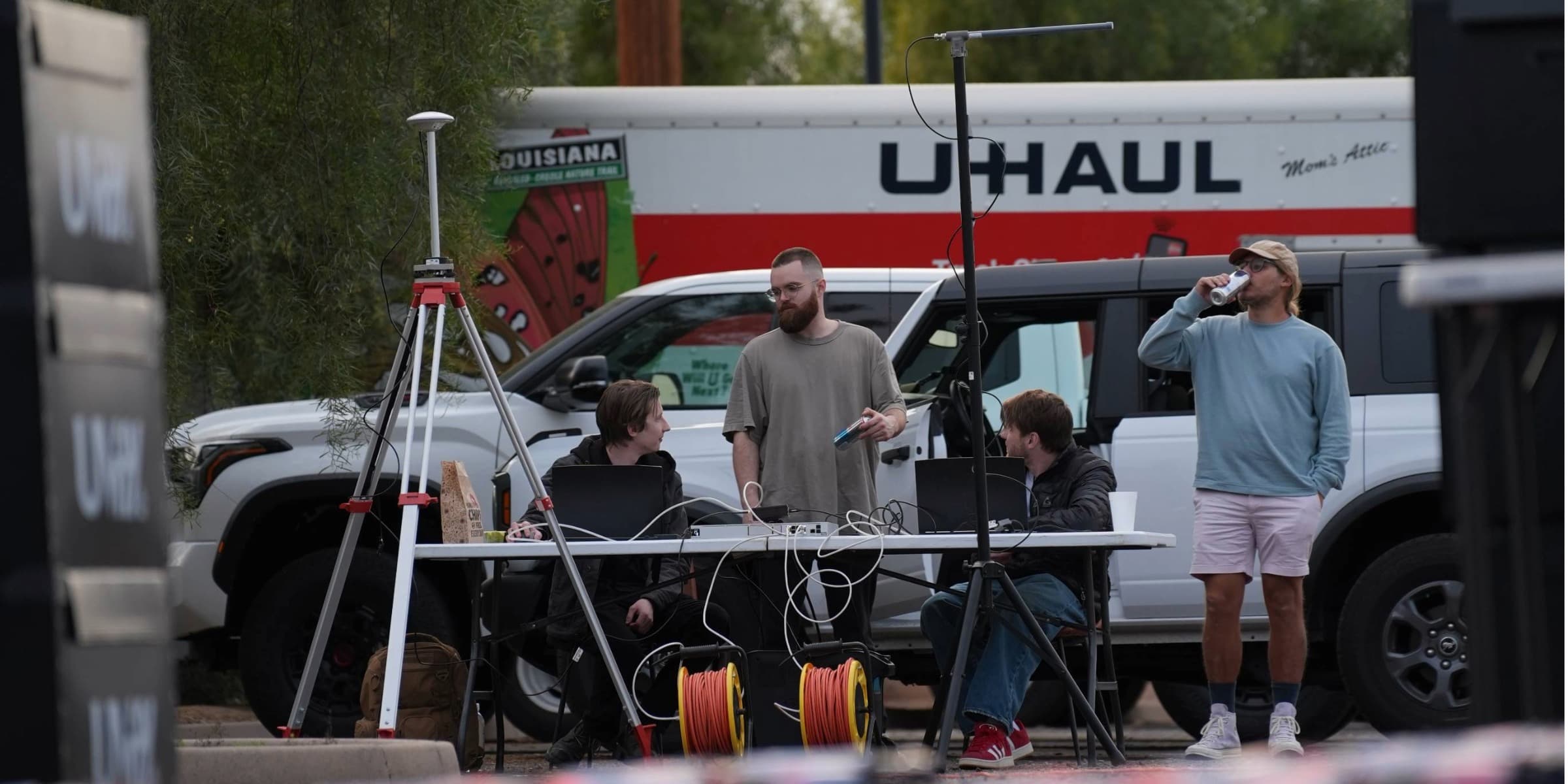 The ground control station for a Pulse drone show, with flight monitoring displays set up on site